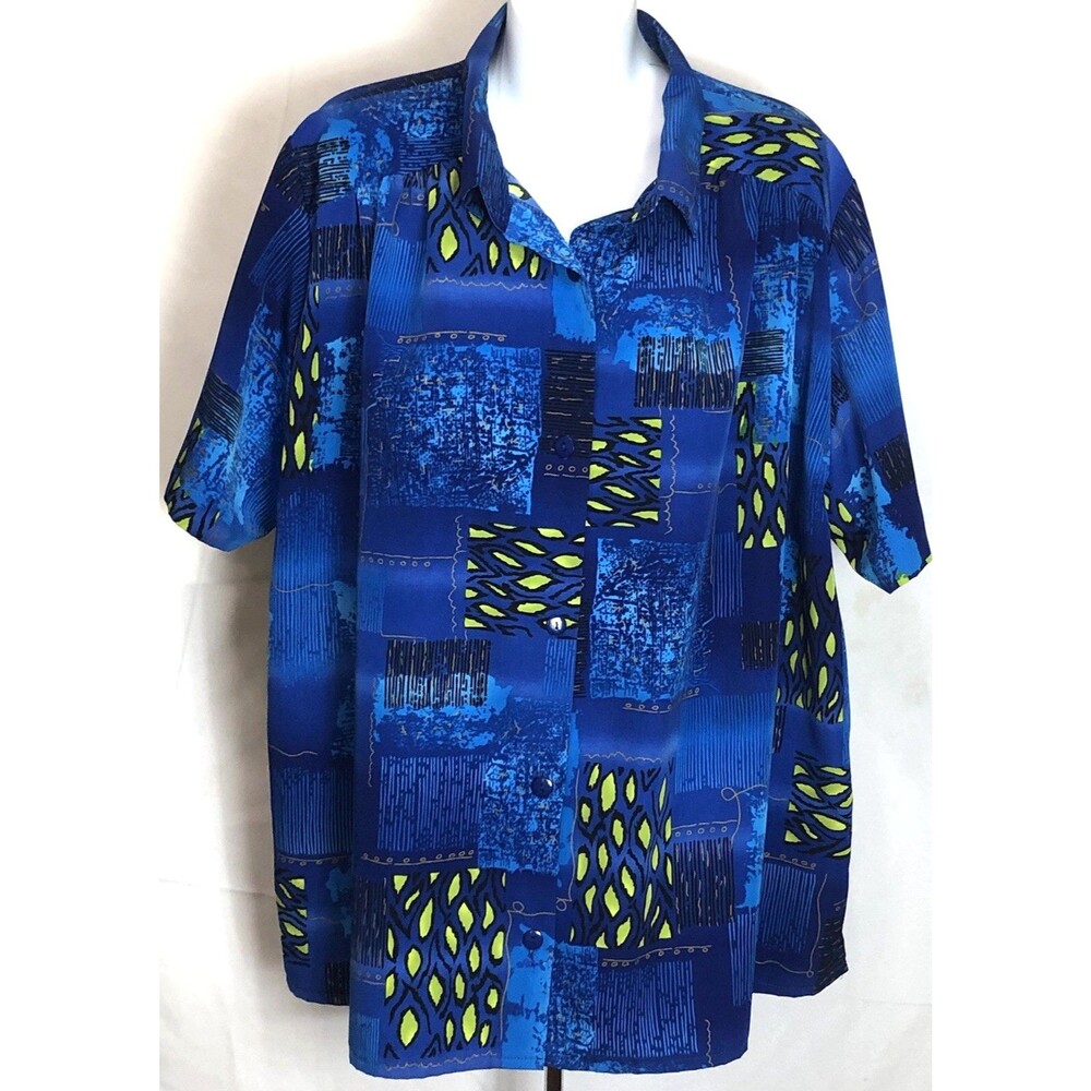 Vintage Silky Top 1X Blue Geo Tropical Short Sleeves Hawaiian Shortsleeve Beach